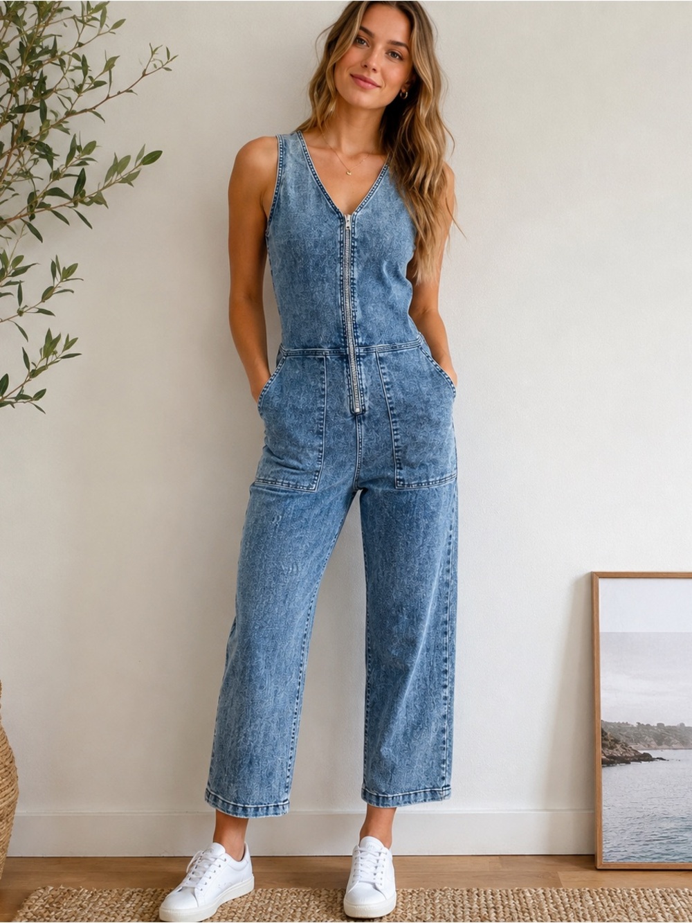 DU/ER Performance Denim Jumpsuit Womens S/P Jean Zip Up Cropped Small Blue Duer